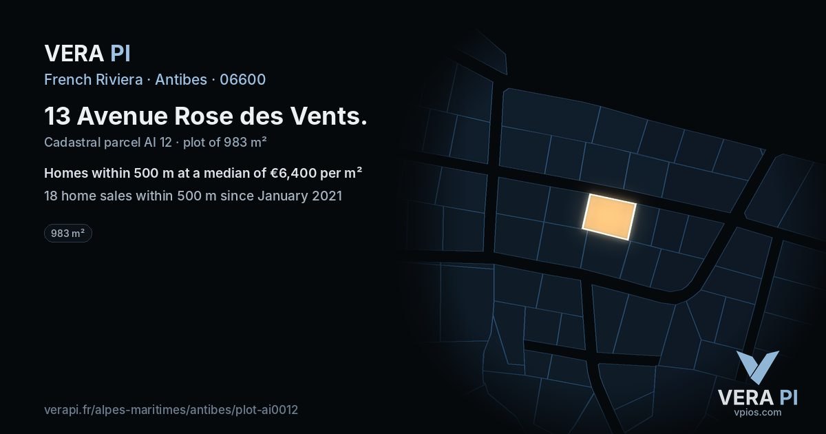 13 Avenue Rose des Vents, Antibes at night – the plot lit, the parcels around coloured by the prices near them