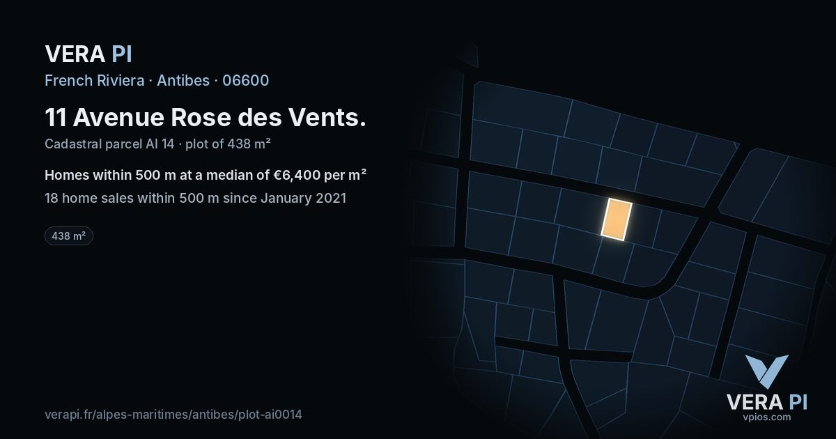 11 Avenue Rose des Vents, Antibes at night – the plot lit, the parcels around coloured by the prices near them
