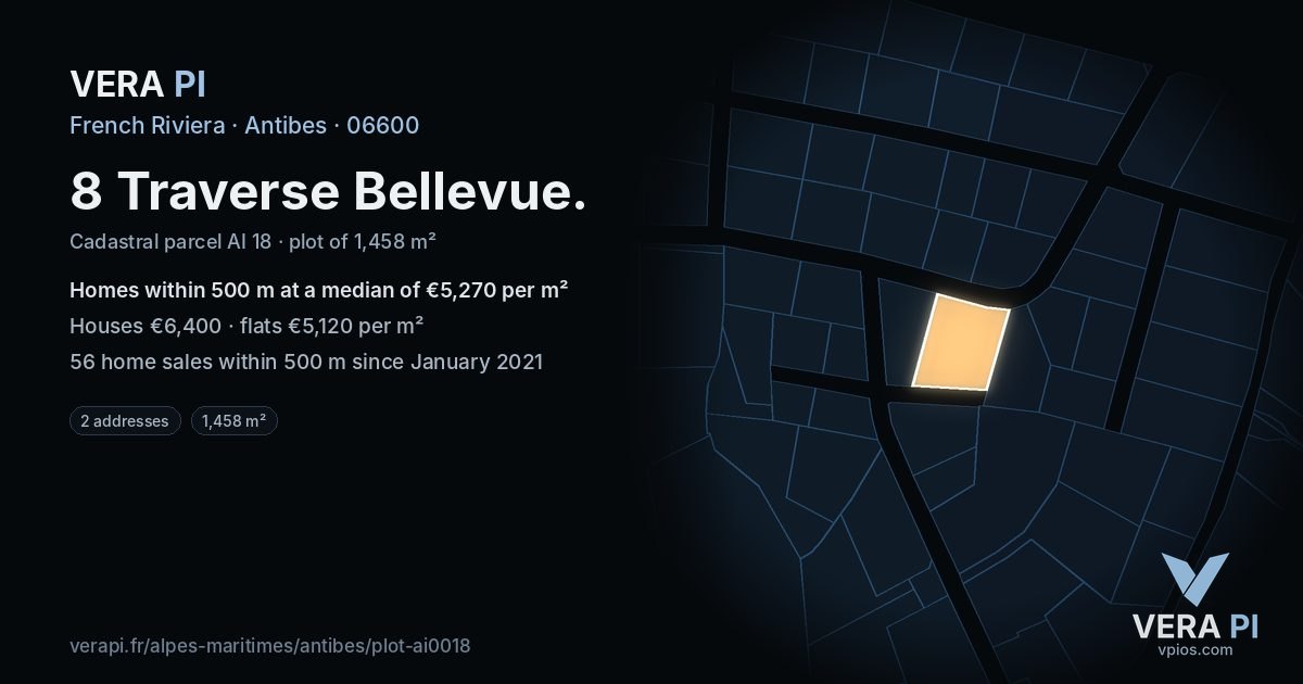 8 Traverse Bellevue, Antibes at night – the plot lit, the parcels around coloured by the prices near them