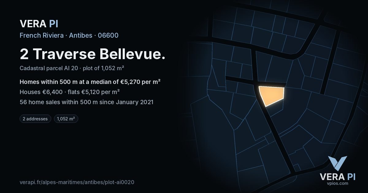 2 Traverse Bellevue, Antibes at night – the plot lit, the parcels around coloured by the prices near them