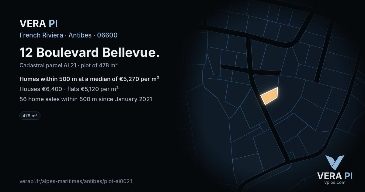 12 Boulevard Bellevue, Antibes at night – the plot lit, the parcels around coloured by the prices near them