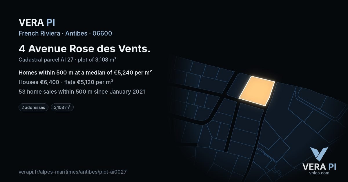 4 Avenue Rose des Vents, Antibes at night – the plot lit, the parcels around coloured by the prices near them