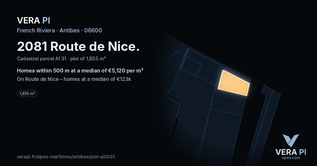 2081 Route de Nice, Antibes at night – the plot lit, the parcels around coloured by the prices near them