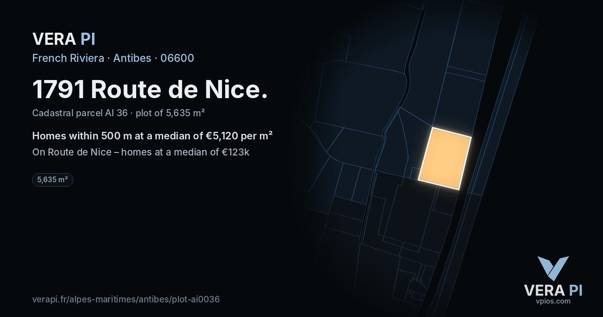 1791 Route de Nice, Antibes at night – the plot lit, the parcels around coloured by the prices near them