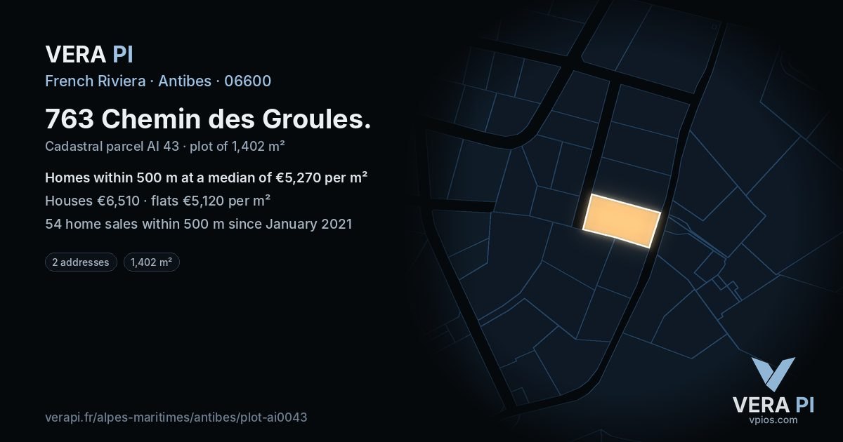 763 Chemin des Groules, Antibes at night – the plot lit, the parcels around coloured by the prices near them