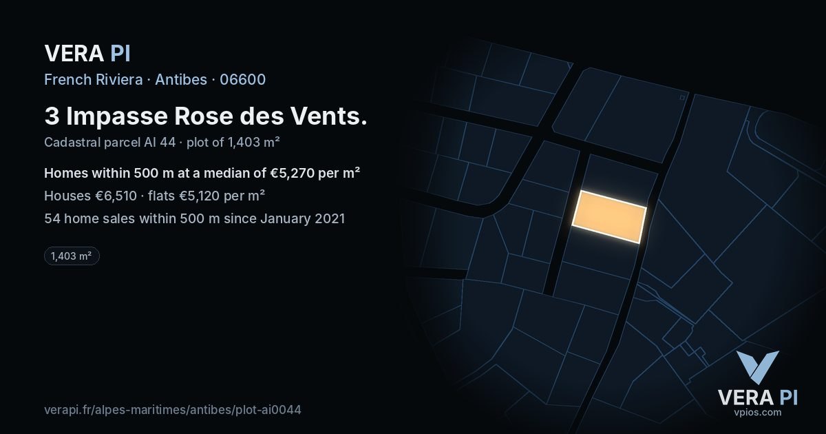 3 Impasse Rose des Vents, Antibes at night – the plot lit, the parcels around coloured by the prices near them