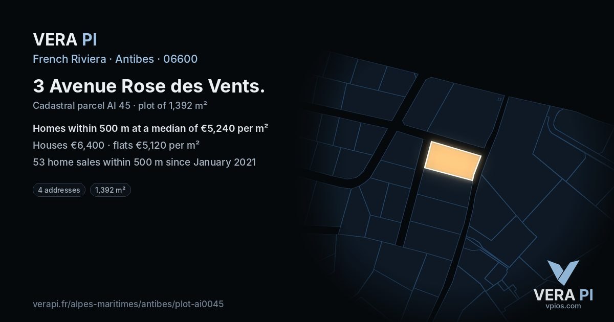 3 Avenue Rose des Vents, Antibes at night – the plot lit, the parcels around coloured by the prices near them