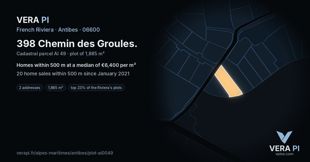 398 Chemin des Groules, Antibes at night – the plot lit, the parcels around coloured by the prices near them
