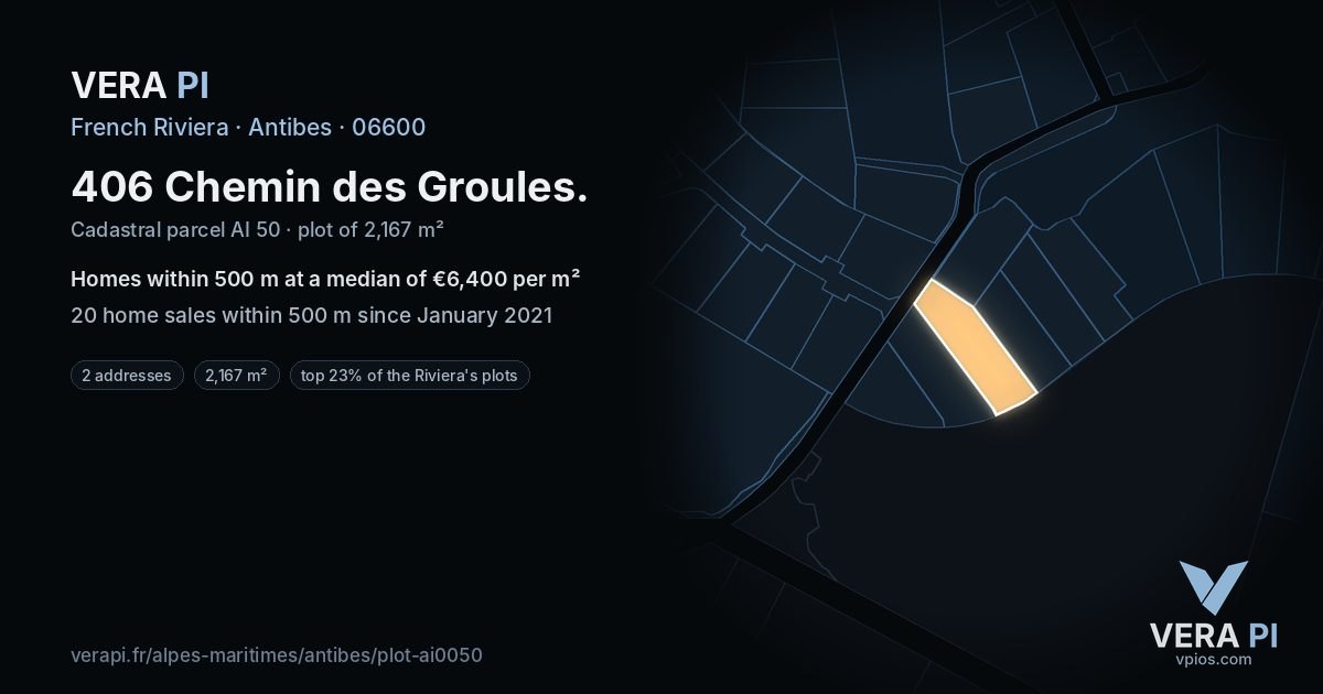 406 Chemin des Groules, Antibes at night – the plot lit, the parcels around coloured by the prices near them