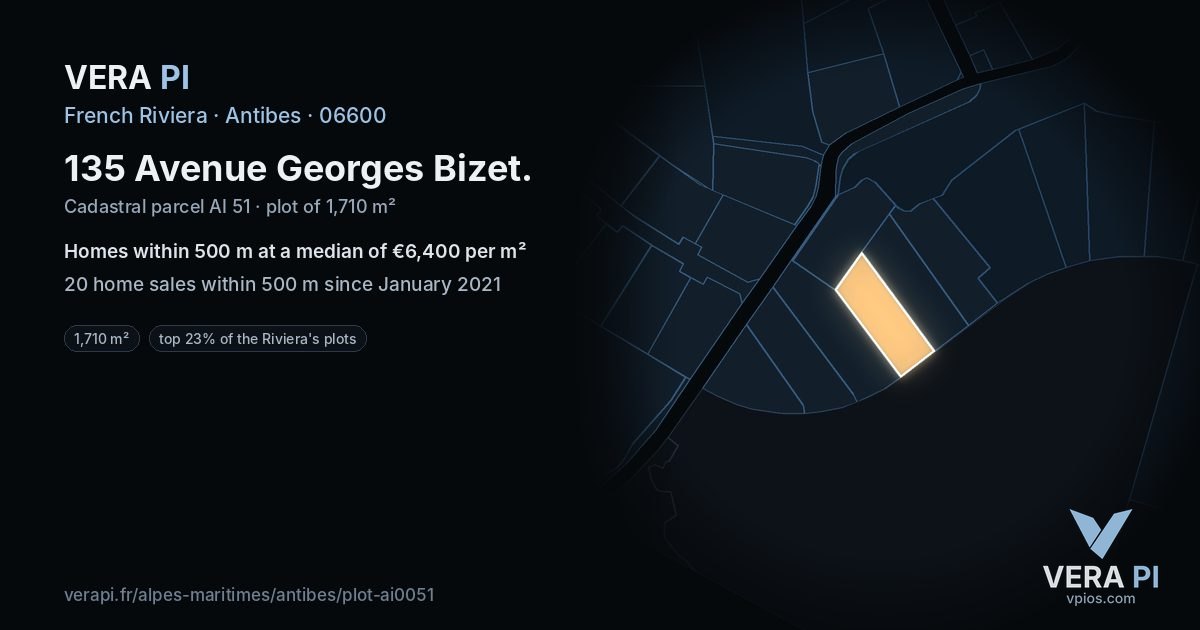 135 Avenue Georges Bizet, Antibes at night – the plot lit, the parcels around coloured by the prices near them