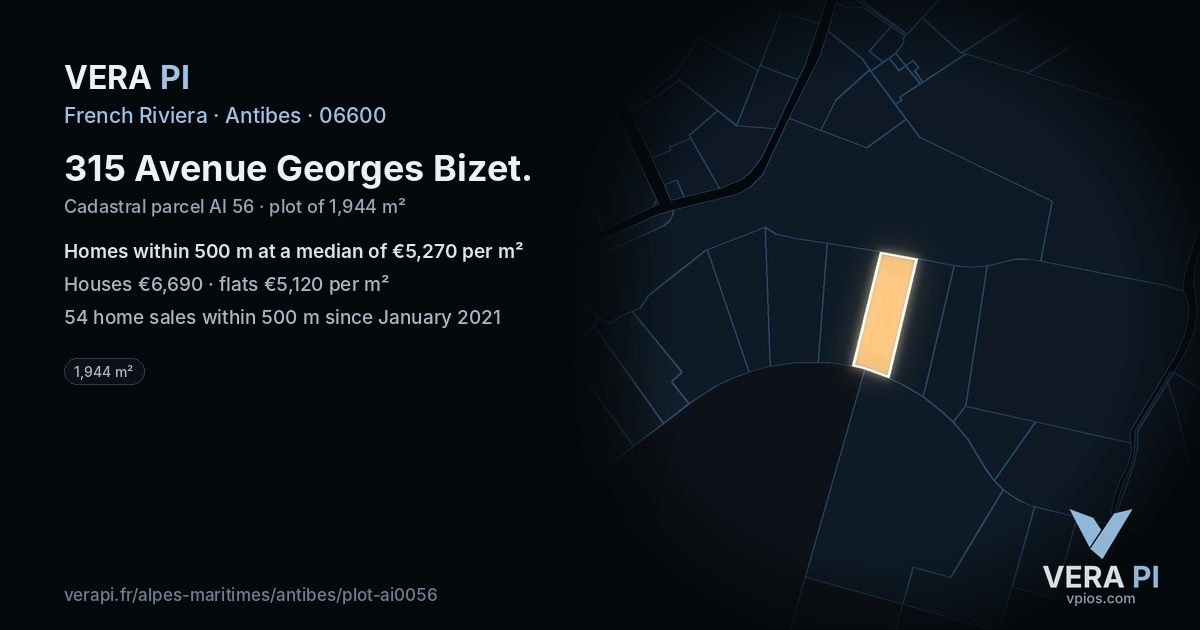 315 Avenue Georges Bizet, Antibes at night – the plot lit, the parcels around coloured by the prices near them