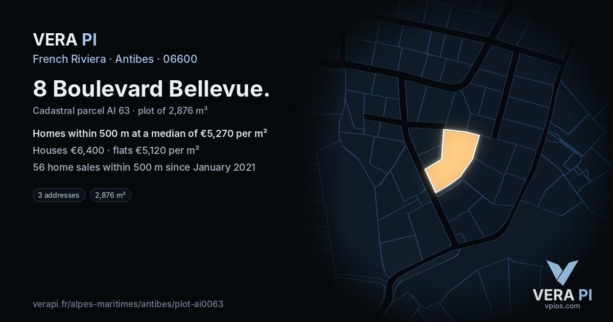 8 Boulevard Bellevue, Antibes at night – the plot lit, the parcels around coloured by the prices near them