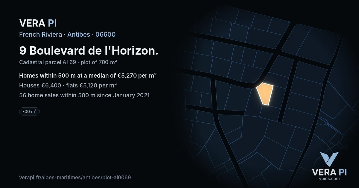 9 Boulevard de l'Horizon, Antibes at night – the plot lit, the parcels around coloured by the prices near them
