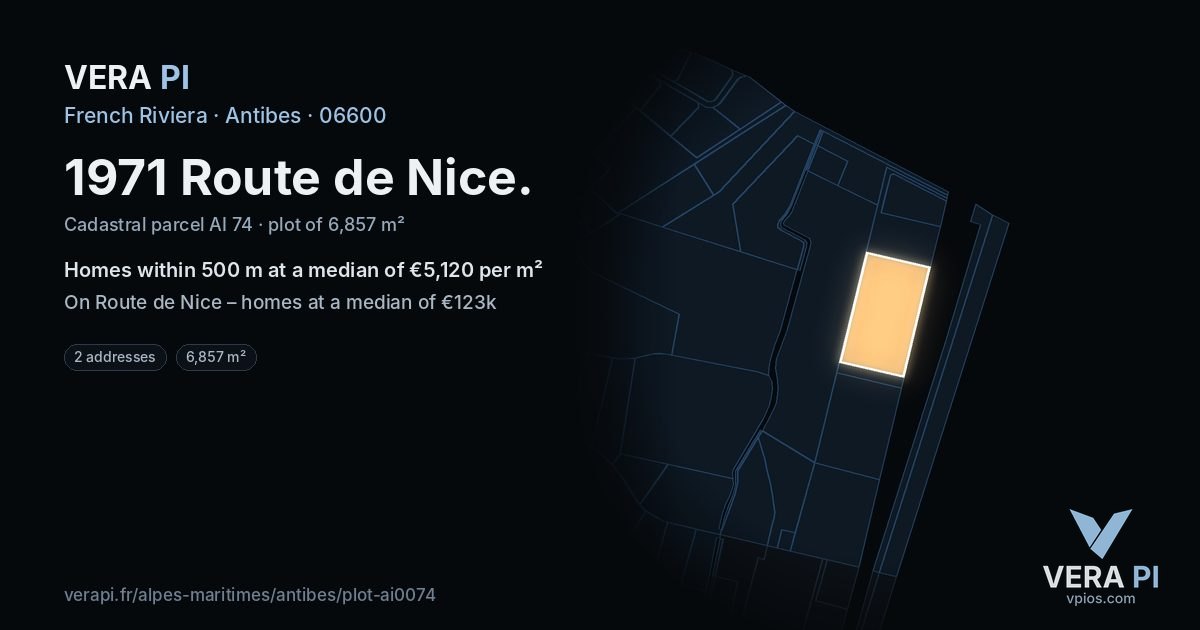 1971 Route de Nice, Antibes at night – the plot lit, the parcels around coloured by the prices near them