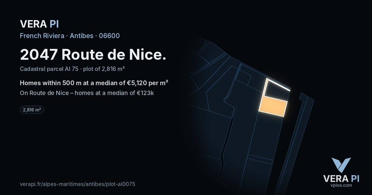 2047 Route de Nice, Antibes at night – the plot lit, the parcels around coloured by the prices near them
