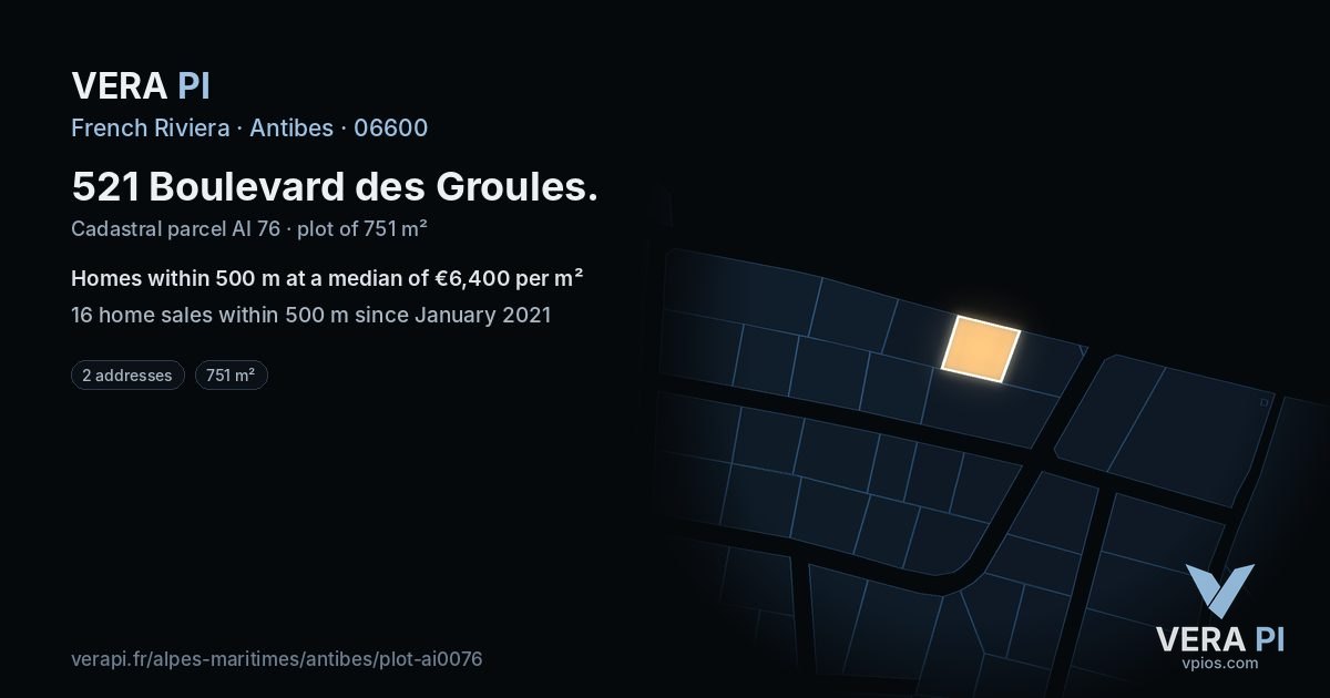 521 Boulevard des Groules, Antibes at night – the plot lit, the parcels around coloured by the prices near them