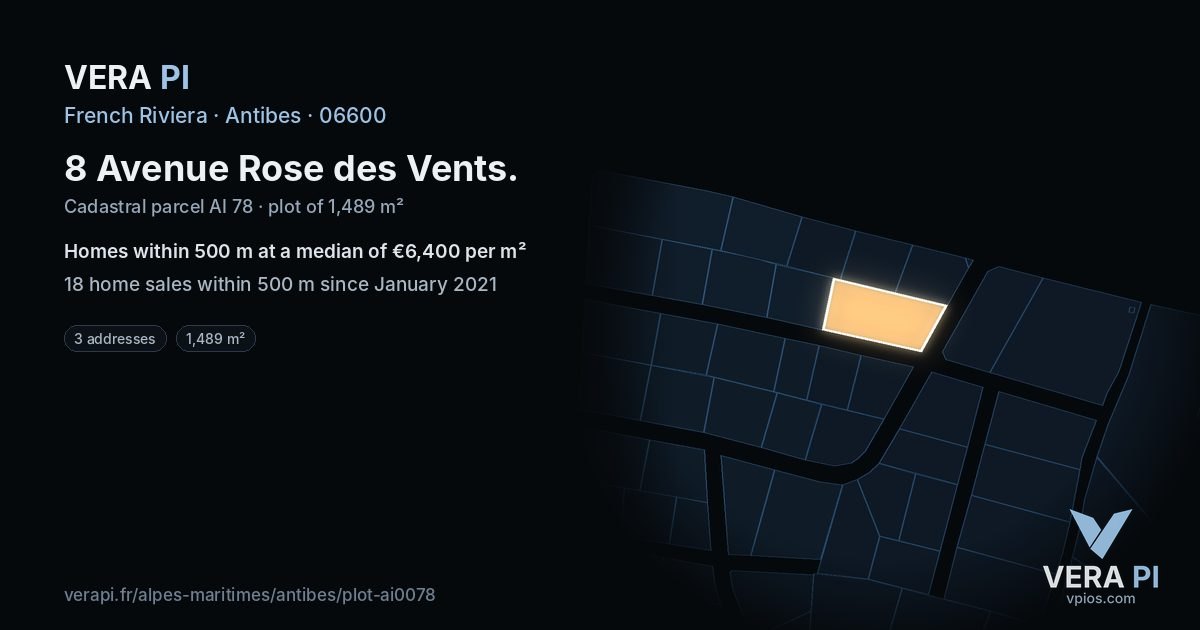 8 Avenue Rose des Vents, Antibes at night – the plot lit, the parcels around coloured by the prices near them