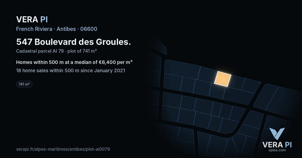 547 Boulevard des Groules, Antibes at night – the plot lit, the parcels around coloured by the prices near them