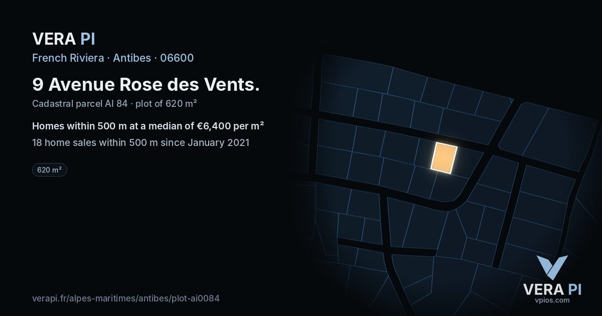 9 Avenue Rose des Vents, Antibes at night – the plot lit, the parcels around coloured by the prices near them