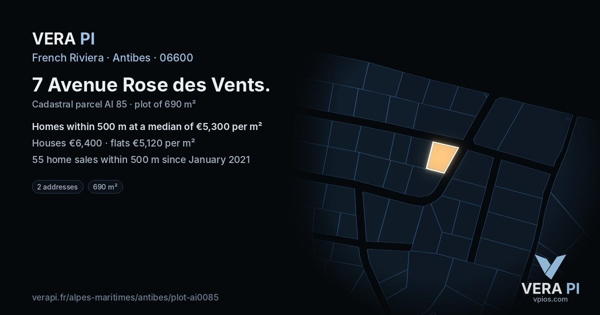 7 Avenue Rose des Vents, Antibes at night – the plot lit, the parcels around coloured by the prices near them