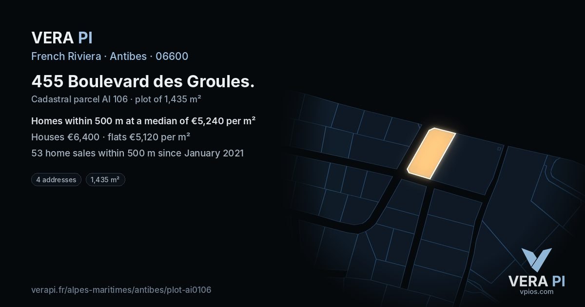 455 Boulevard des Groules, Antibes at night – the plot lit, the parcels around coloured by the prices near them