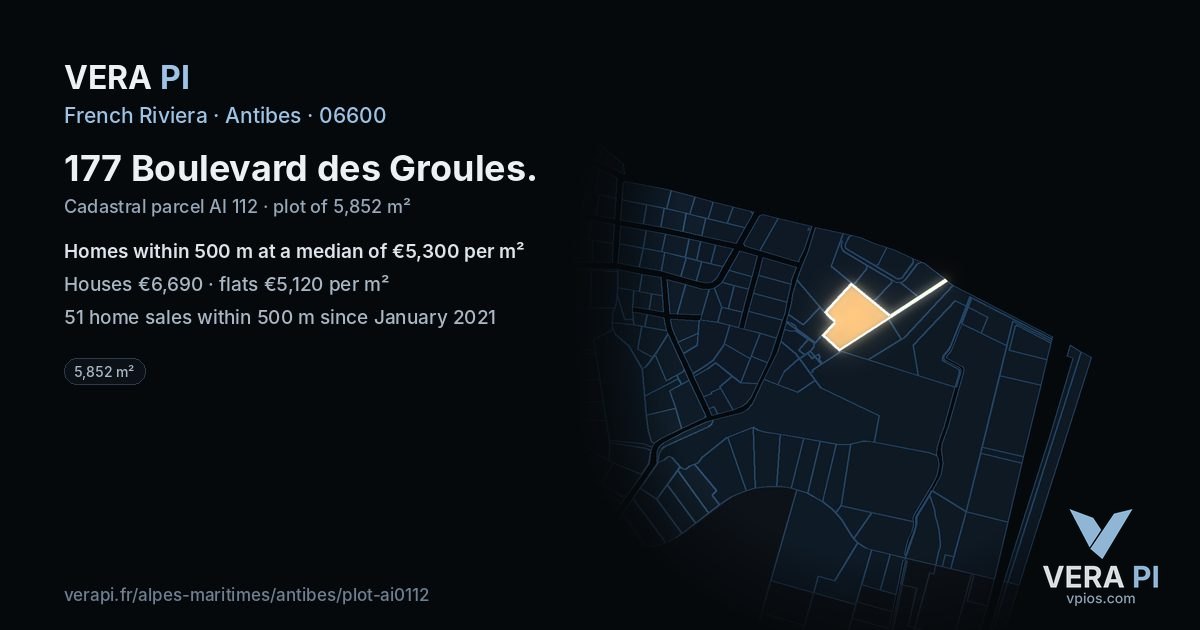 177 Boulevard des Groules, Antibes at night – the plot lit, the parcels around coloured by the prices near them