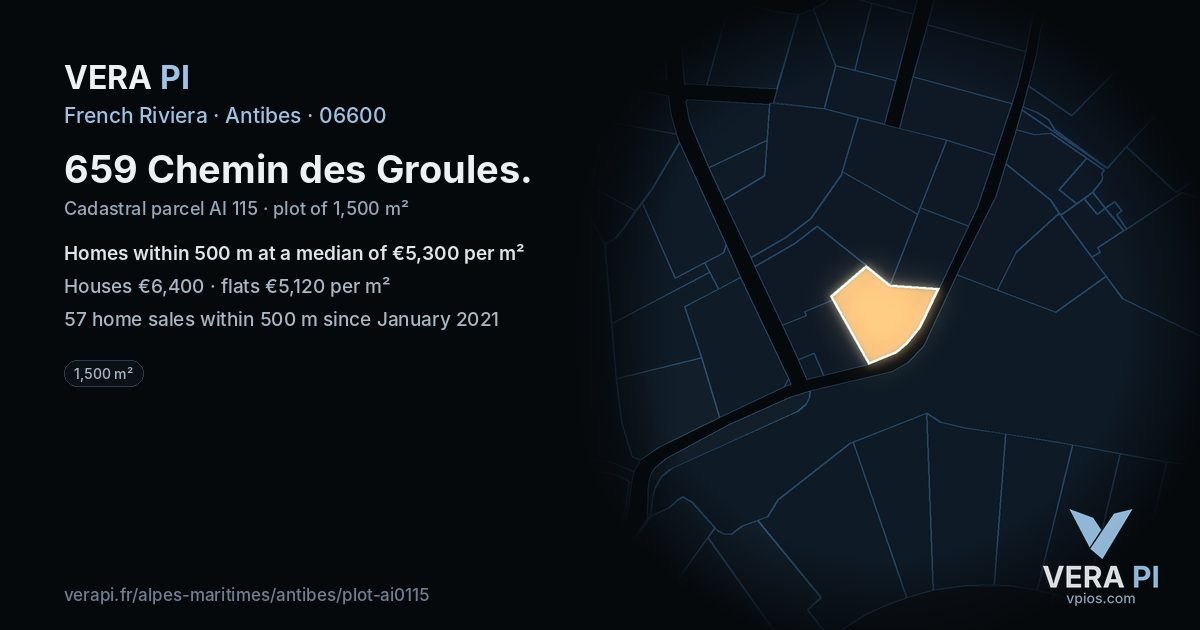 659 Chemin des Groules, Antibes at night – the plot lit, the parcels around coloured by the prices near them