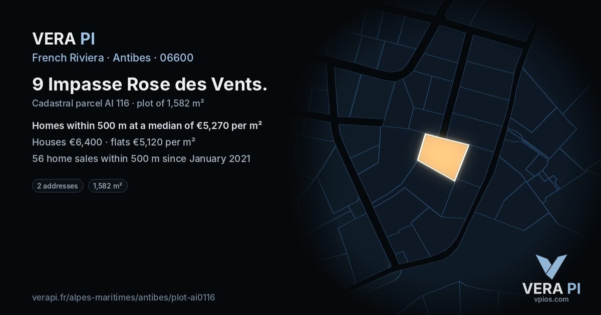 9 Impasse Rose des Vents, Antibes at night – the plot lit, the parcels around coloured by the prices near them