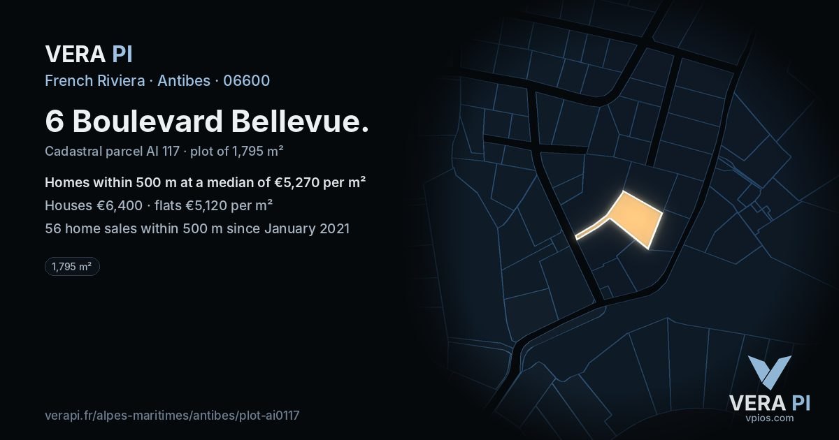 6 Boulevard Bellevue, Antibes at night – the plot lit, the parcels around coloured by the prices near them