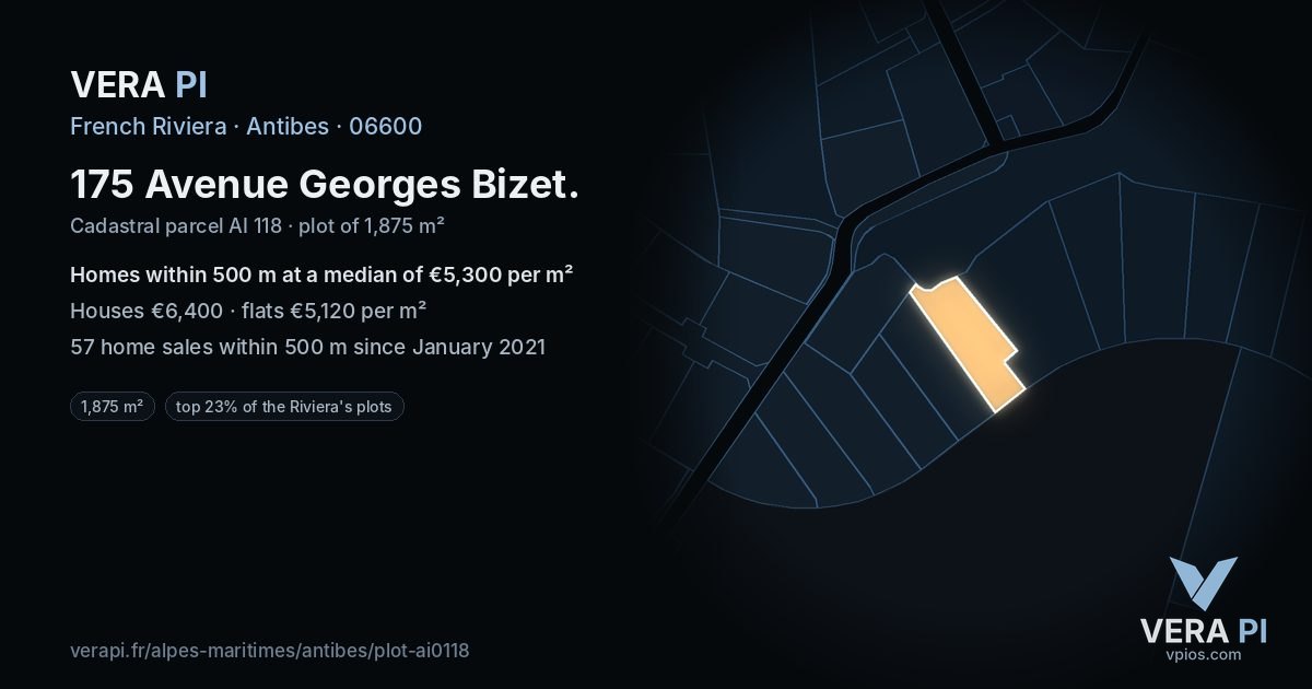 175 Avenue Georges Bizet, Antibes at night – the plot lit, the parcels around coloured by the prices near them