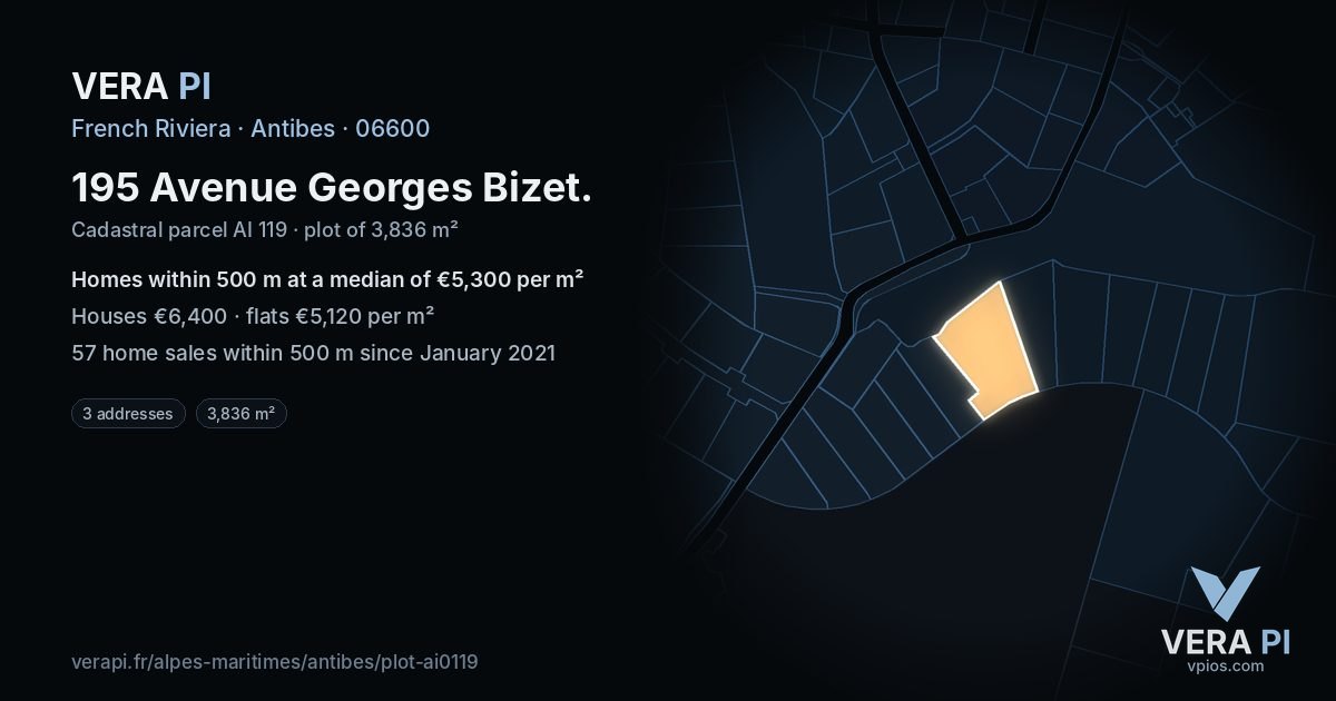 195 Avenue Georges Bizet, Antibes at night – the plot lit, the parcels around coloured by the prices near them