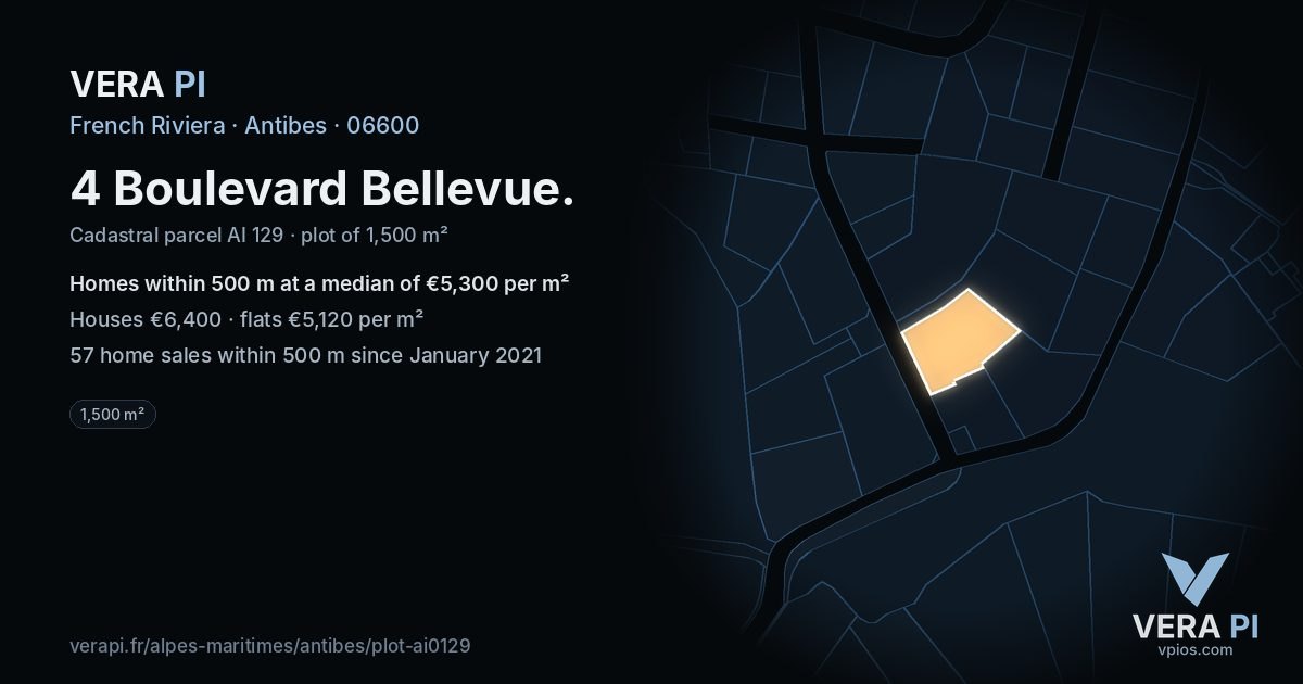 4 Boulevard Bellevue, Antibes at night – the plot lit, the parcels around coloured by the prices near them