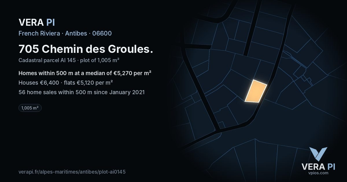 705 Chemin des Groules, Antibes at night – the plot lit, the parcels around coloured by the prices near them