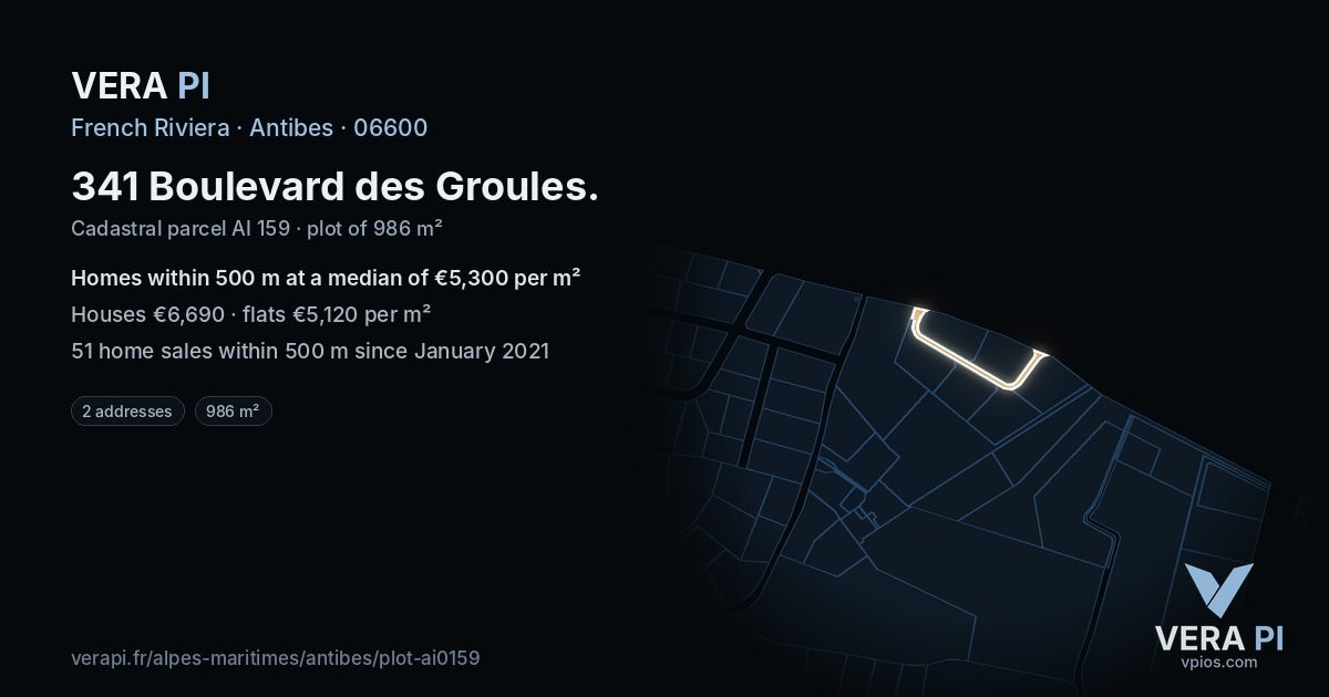 341 Boulevard des Groules, Antibes at night – the plot lit, the parcels around coloured by the prices near them