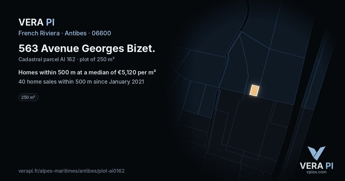 563 Avenue Georges Bizet, Antibes at night – the plot lit, the parcels around coloured by the prices near them