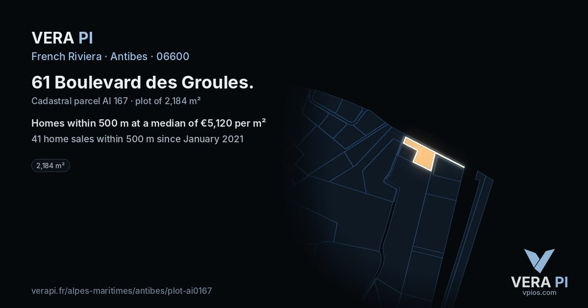61 Boulevard des Groules, Antibes at night – the plot lit, the parcels around coloured by the prices near them