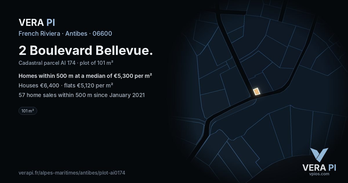 2 Boulevard Bellevue, Antibes at night – the plot lit, the parcels around coloured by the prices near them