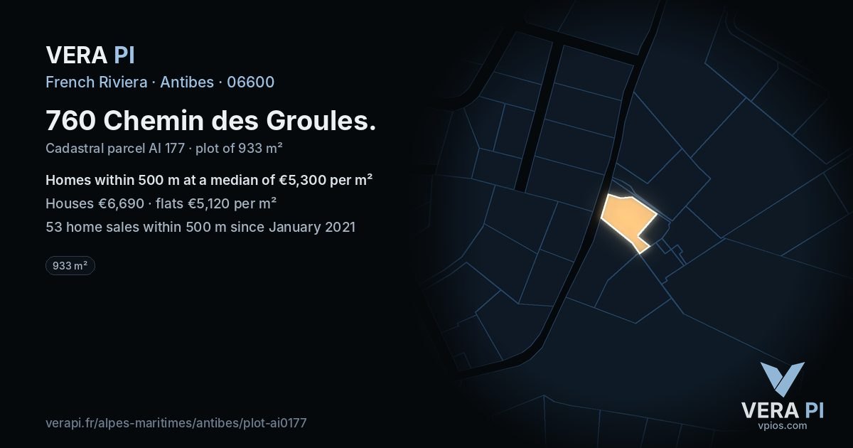 760 Chemin des Groules, Antibes at night – the plot lit, the parcels around coloured by the prices near them