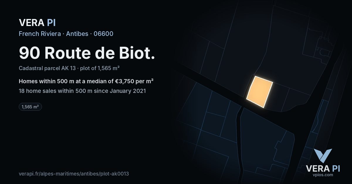 90 Route de Biot, Antibes at night – the plot lit, the parcels around coloured by the prices near them