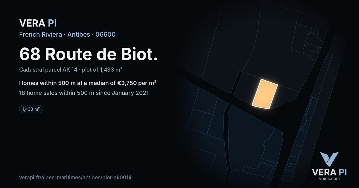 68 Route de Biot, Antibes at night – the plot lit, the parcels around coloured by the prices near them