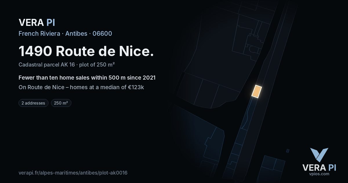 1490 Route de Nice, Antibes at night – the plot lit, the parcels around coloured by the prices near them