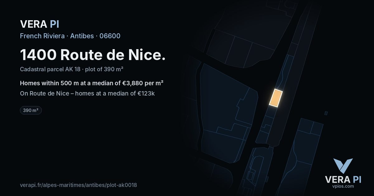 1400 Route de Nice, Antibes at night – the plot lit, the parcels around coloured by the prices near them