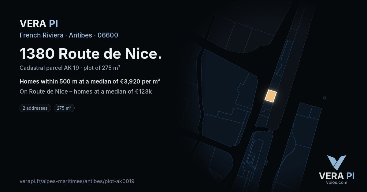 1380 Route de Nice, Antibes at night – the plot lit, the parcels around coloured by the prices near them