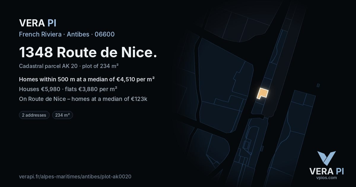 1348 Route de Nice, Antibes at night – the plot lit, the parcels around coloured by the prices near them