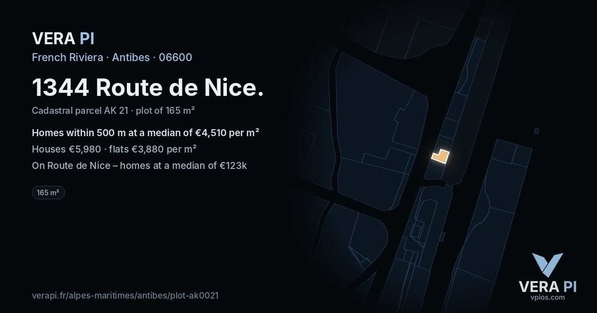 1344 Route de Nice, Antibes at night – the plot lit, the parcels around coloured by the prices near them