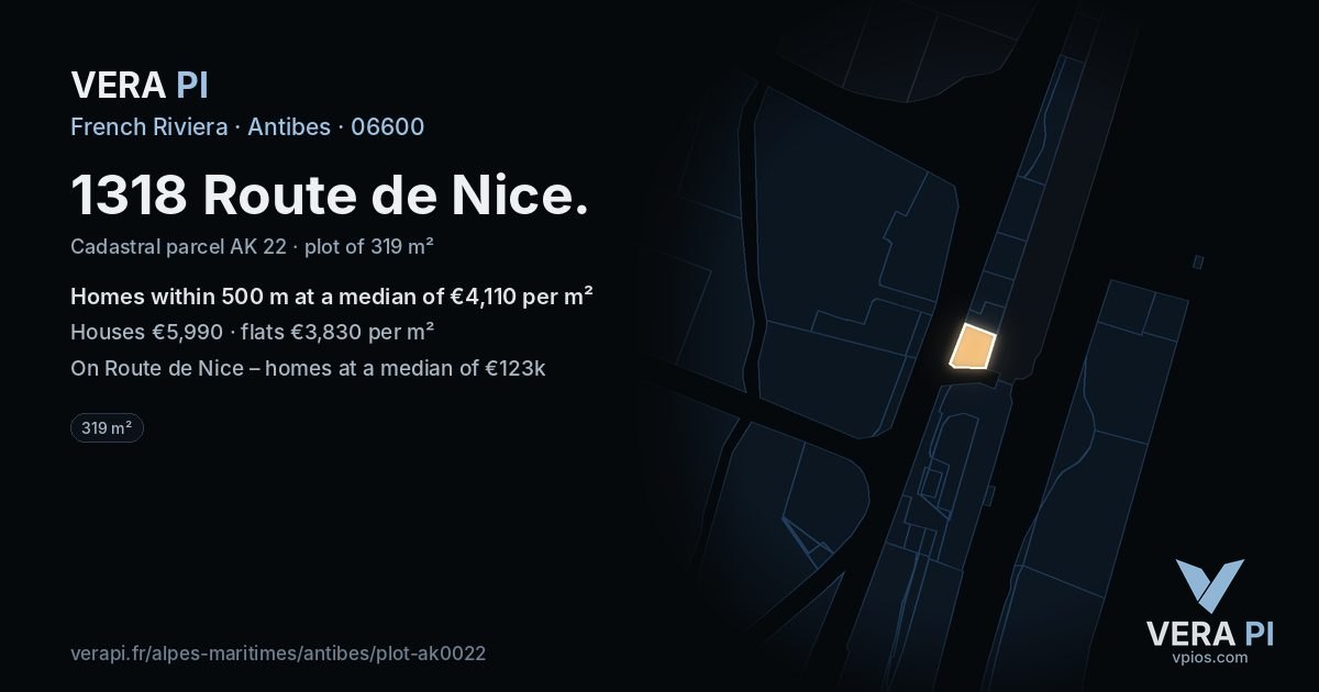 1318 Route de Nice, Antibes at night – the plot lit, the parcels around coloured by the prices near them