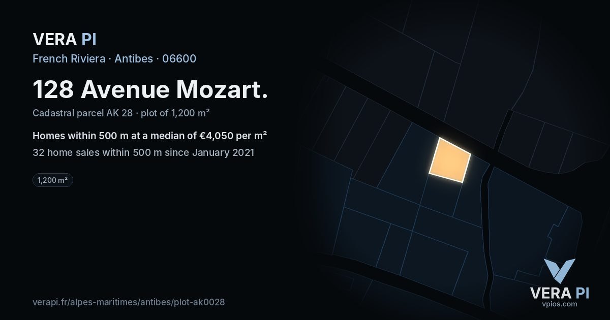 128 Avenue Mozart, Antibes at night – the plot lit, the parcels around coloured by the prices near them