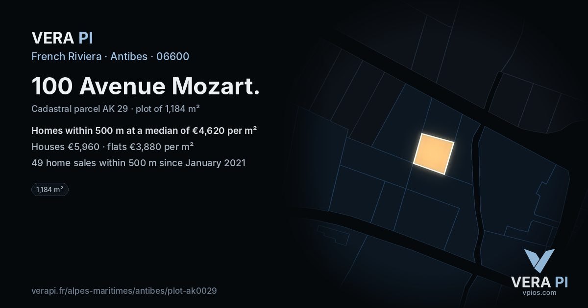 100 Avenue Mozart, Antibes at night – the plot lit, the parcels around coloured by the prices near them
