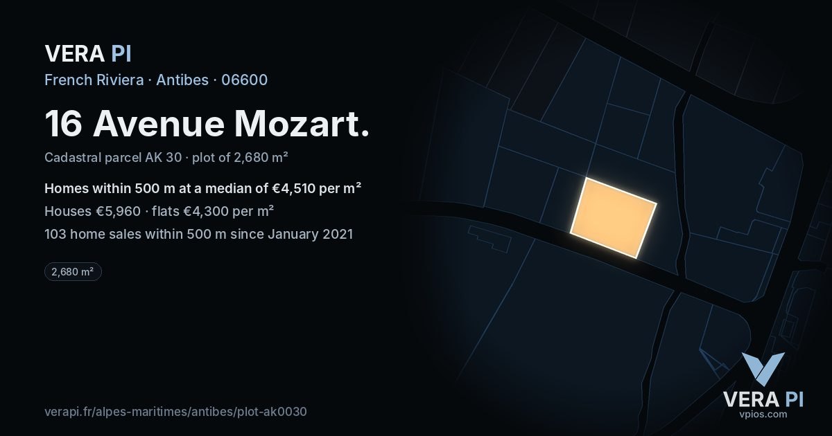 16 Avenue Mozart, Antibes at night – the plot lit, the parcels around coloured by the prices near them