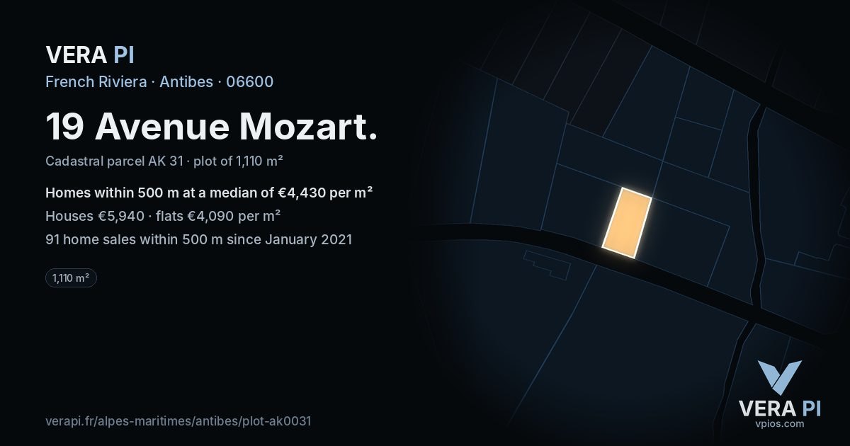 19 Avenue Mozart, Antibes at night – the plot lit, the parcels around coloured by the prices near them